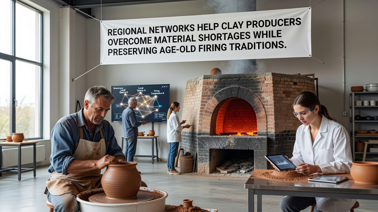 Shared kiln facility where producers exchange clay samples and discuss firing schedules