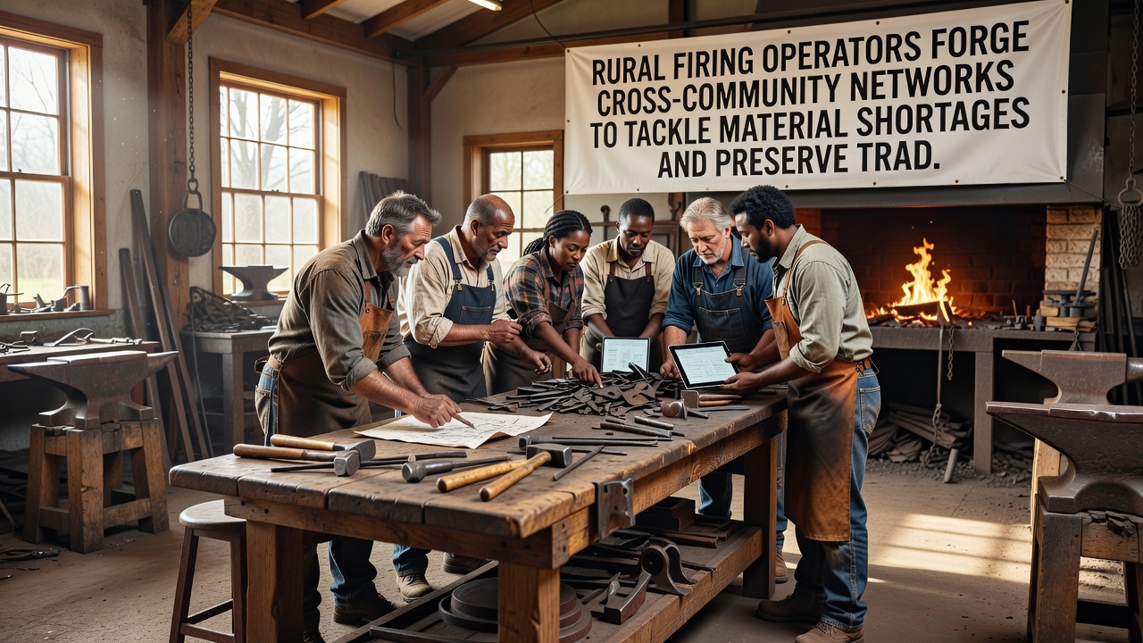 Traditional wood-fired kiln in operation with operators monitoring temperature during a network demonstration